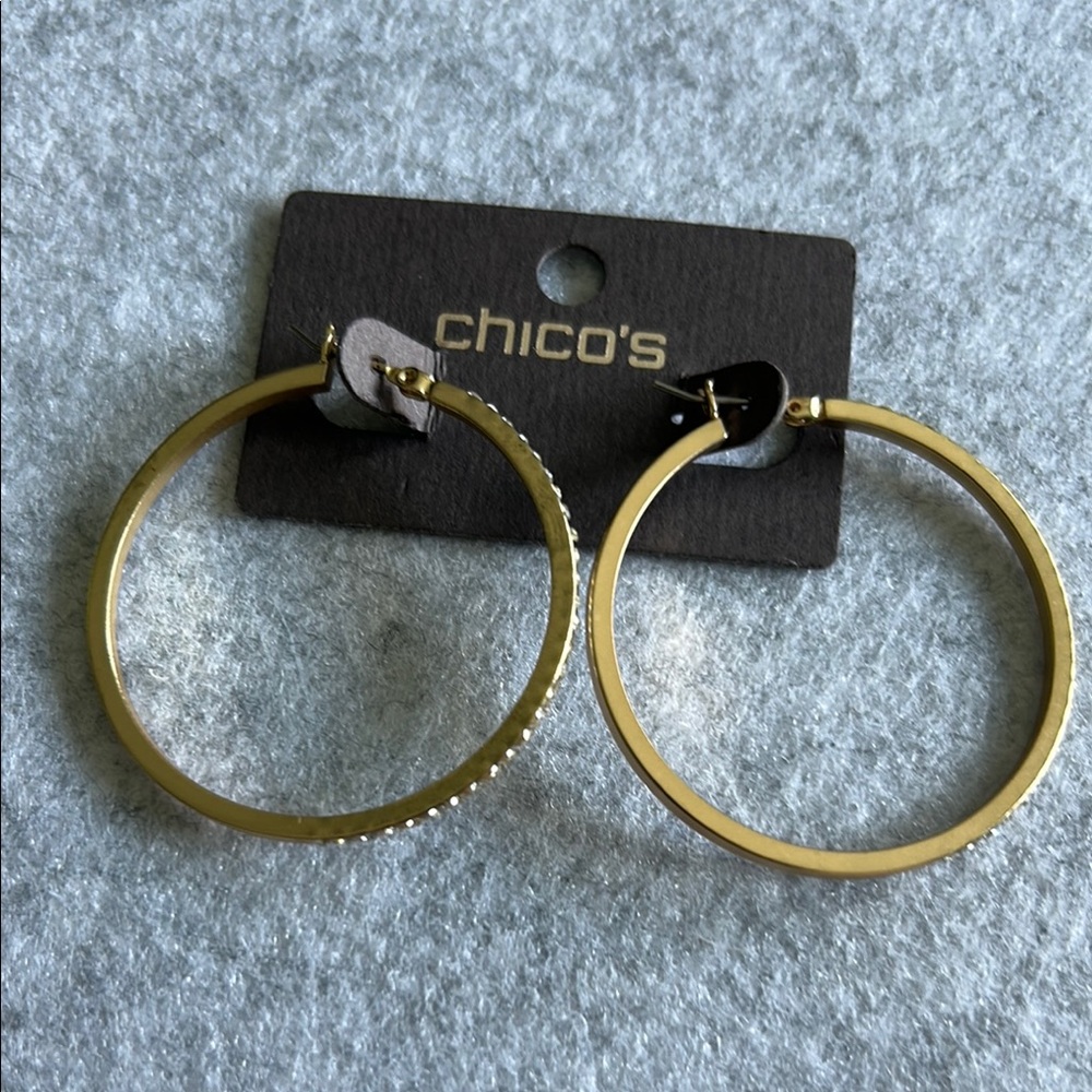 Chico's Distressed Gold Tone With Rhinestine Snap Hoop Earrings - Picture 3 of 11